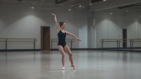 Solo ballerina rising onto pointe from plié in mirrored studio practicing classical ballet
