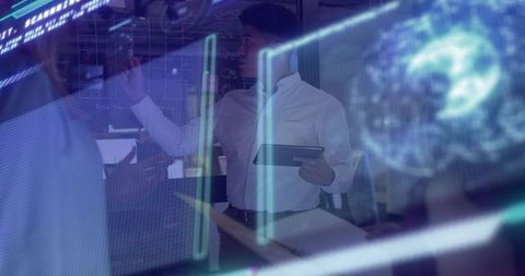 Leader presenting holographic globe on glass board with tablet, pointing at data