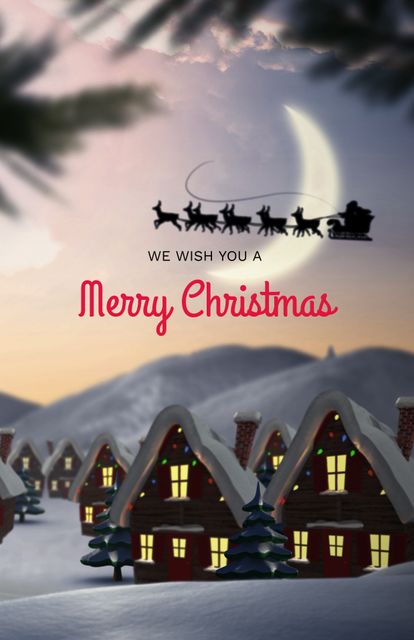 Santa's sleigh silhouette flying over a Winter village with snow-capped rooftops and pine trees under evening sky. Ideal for creating holiday cards and invitations, adding festive cheer to emails, or sharing seasonal greetings on social media.