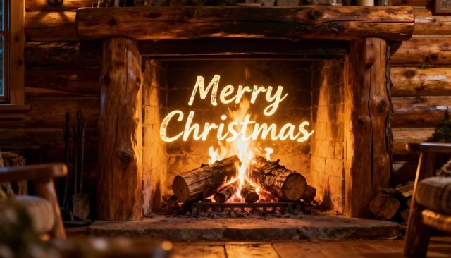 Crackling log cabin fireplace with glowing merry christmas script and cozy rustic hearth