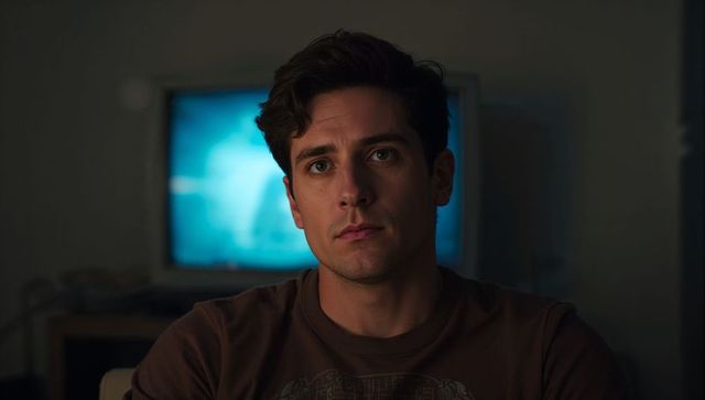 Young man sitting in dark living room looking contemplative with blue tv backlight