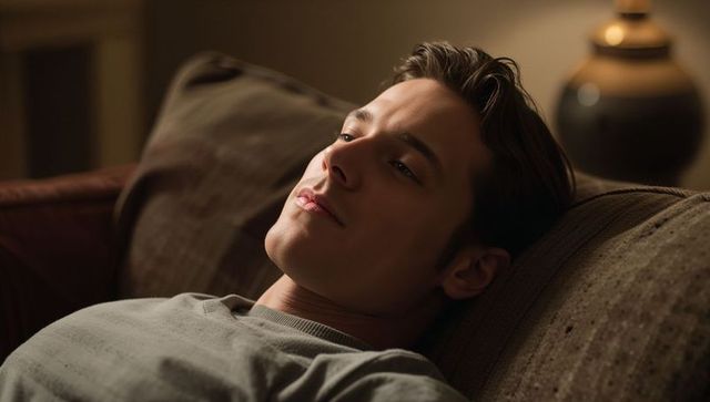 Young man reclining on couch in cozy living room with warm lamp light, contemplative mood
