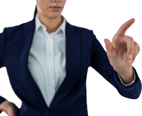 Businesswoman in navy suit interacting with transparent digital interface