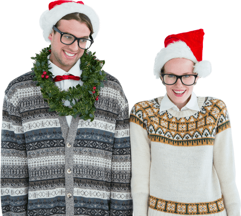 Smiling Couple in Holiday Sweaters with Santa Hats Transparent Background