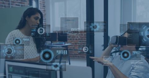 Business professionals engaging with virtual reality technology