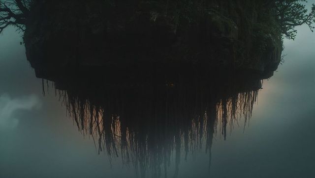 Surreal Floating Island with Veiled Roots in Mystical Fog