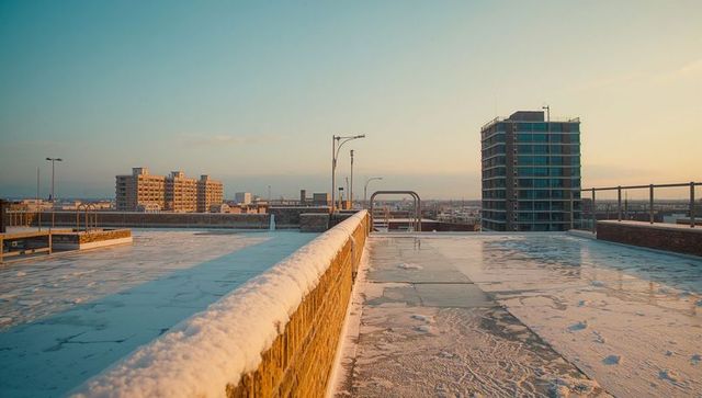 Snow-Covered Rooftop Walkway with Winter Cityscape View