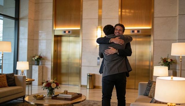 Two businessmen hugging in luxury hotel lobby with gold elevators, marble and floral decor