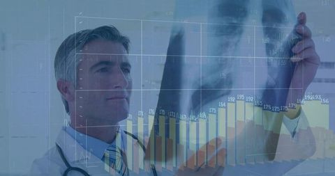 Doctor examining chest x-ray with digital data overlay for medical analytics
