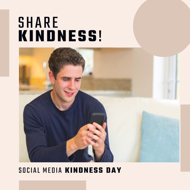 A young Caucasian man smiling and using his smartphone to share kindness on social media. Ideal for promoting awareness events, social media campaigns, and kindness day initiatives. Can be used in blogs, newsletters, and social media posts to encourage positive online interactions.
