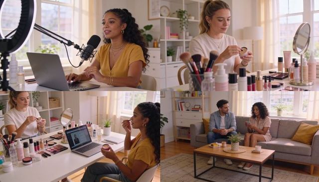 Beauty creators recording makeup tutorials from home studio with laptop mic, ring light