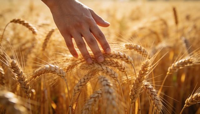 Hand brushing golden wheat at sunset closeup