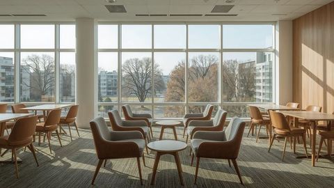 Contemporary Lounge with Floor-to-Ceiling Windows in Minimalist Setting