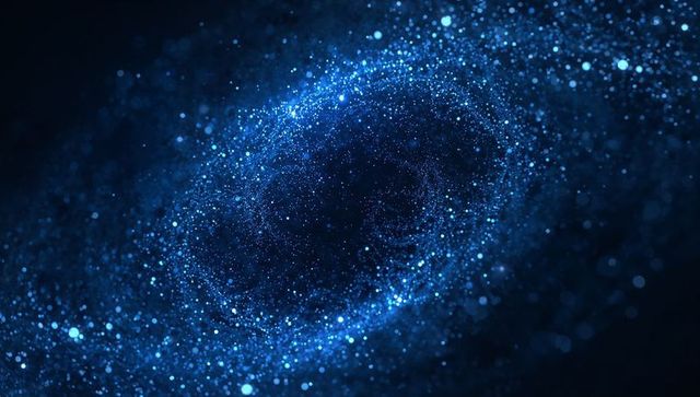 Luminous blue particle vortex spiral around dark cosmic void with glowing bokeh lights