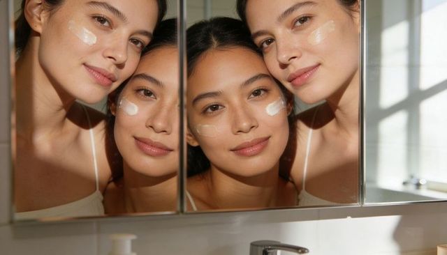 Two women applying under-eye cream in mirror reflections during sunlit morning skincare routine