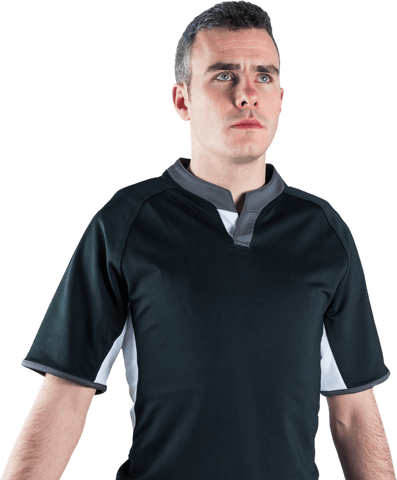 Rugby player with serious expression in black kit on transparent background