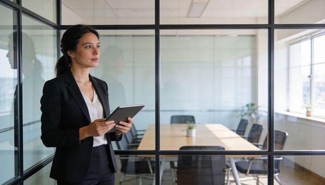 Businesswoman holding tablet by glass conference room, confident executive using device