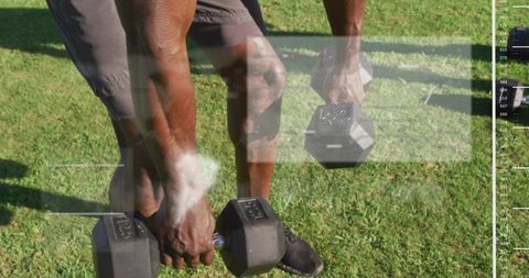 Gripping Hex Dumbbells During Outdoor Squat Workout Showing Strong Legs and HUD Overlay