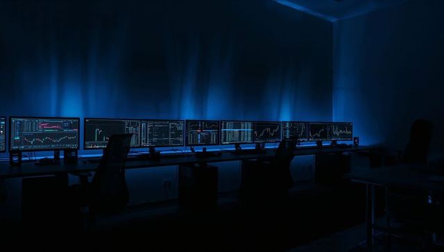 Dim blue trading room with multiple monitors displaying financial charts and dashboards