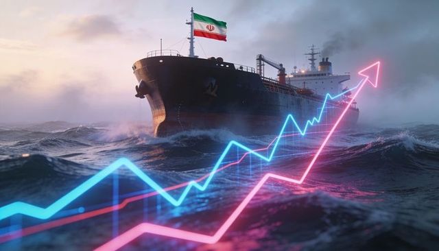 Iranian oil tanker navigating rough seas with neon financial charts showing market surge