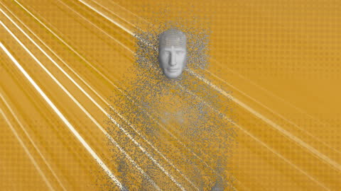 Digital Human Face with Light Trails on Dynamic Orange Background