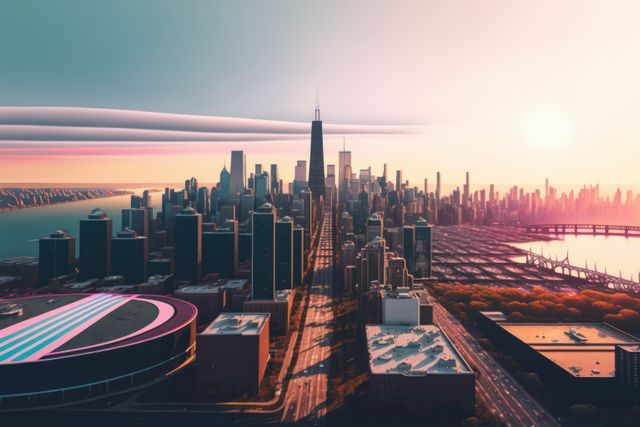 Skyline with modern buildings at sunset, created using generative ai technology. Urban architecture and cityscape concept digitally generated image.