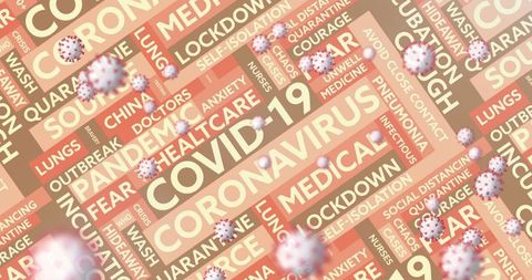 Covid-19 pandemic word cloud with virus particles