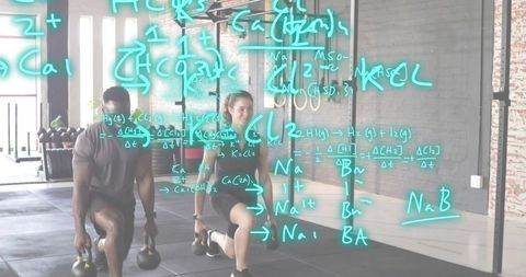 Lunging partners holding kettlebells, teal equations overlay in gym for strength training