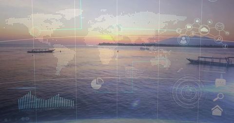 Global marine data overlaying sunset seascape with boats, ar hud interface and analytics