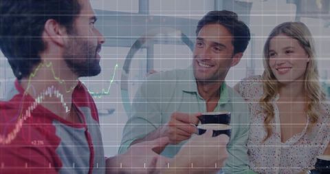 Friends enjoying coffee with financial graph overlay