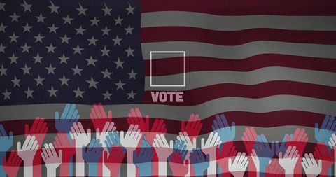 Patriotic vote concept with checkbox and red white blue raised hands over american flag