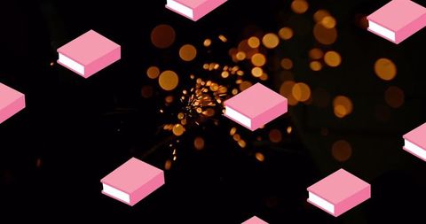 Pink book icons against sparkling bokeh on dark background