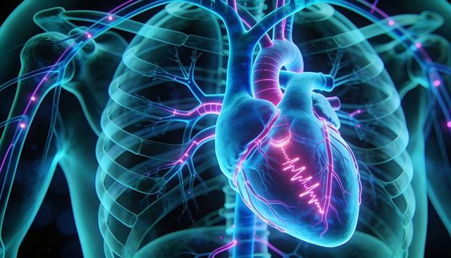 Neon 3D Heart Pulsing Inside Transparent Ribcage with ECG Waveform and Aorta Glow