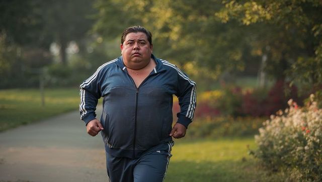 Determined middle-aged man jogging in blue tracksuit on park path at golden hour