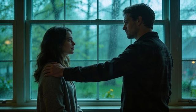 Intimate rainy-day conversation between couple by window, man comforting woman
