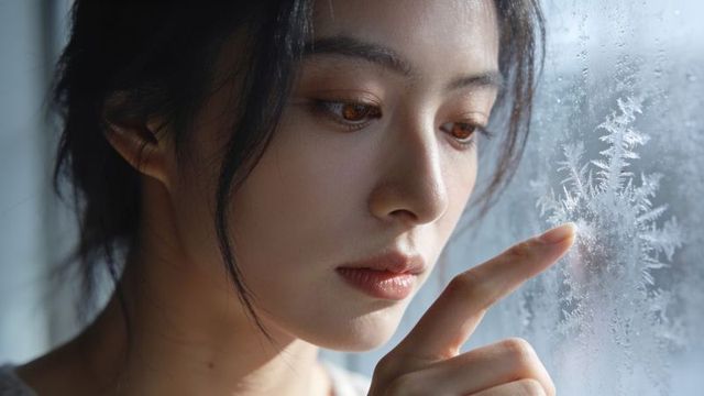 Asian woman touching frost on window, contemplative winter closeup portrait, soft natural light