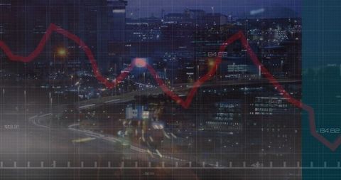 Financial data visualization over night urban skyline