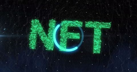 Glowing neon nft text with falling snowflakes on dark tech background