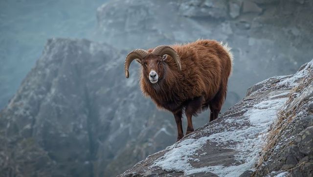 Brown long-haired ram standing on narrow snowy rocky ledge showing large curled horns