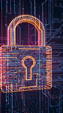 Securing Networks with Neon Wireframe Padlock Over Streaming Binary Code Vertical Video