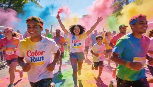 Running color run festival celebrating with bright powder and smiling diverse runners