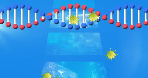 DNA Strand with Cells Floating on Blue Digital Background