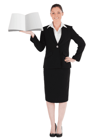Confident businesswoman holding open book transparent background