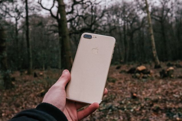 Person holding a gold smartphone in a forest during winter time. Suitable for illustrating concepts related to mobile technology, communication, and outdoor activities. Useful for blogs, articles, technology websites, and advertisements featuring gadgets in nature settings.