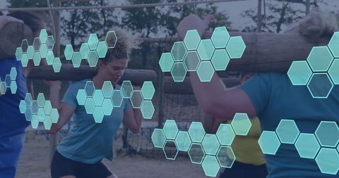 Women tackling obstacle course with digital overlay