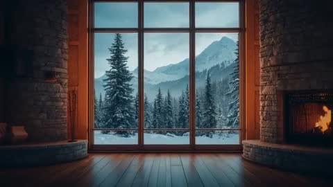 Cozy Mountain Cabin View with Snowy Forest Landscape