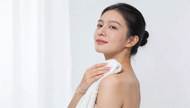 Asian woman holding plush towel showing smooth skin natural beauty and skincare