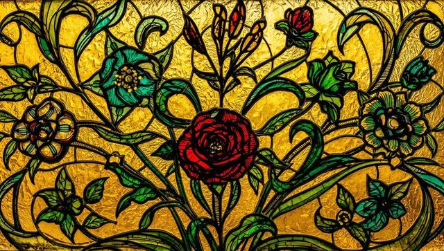 Vibrant Floral Stained Glass with Vintage Golden Texture