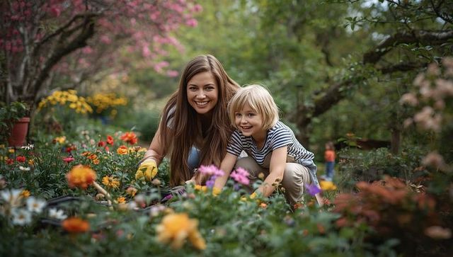 Mother and Daughter Planting Flowers in Lush Garden