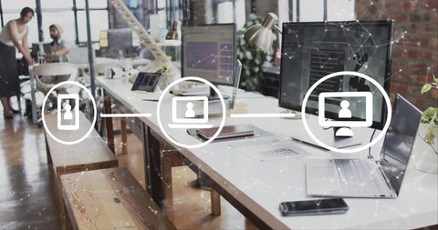 Modern Workspace with Digital Network Overlay